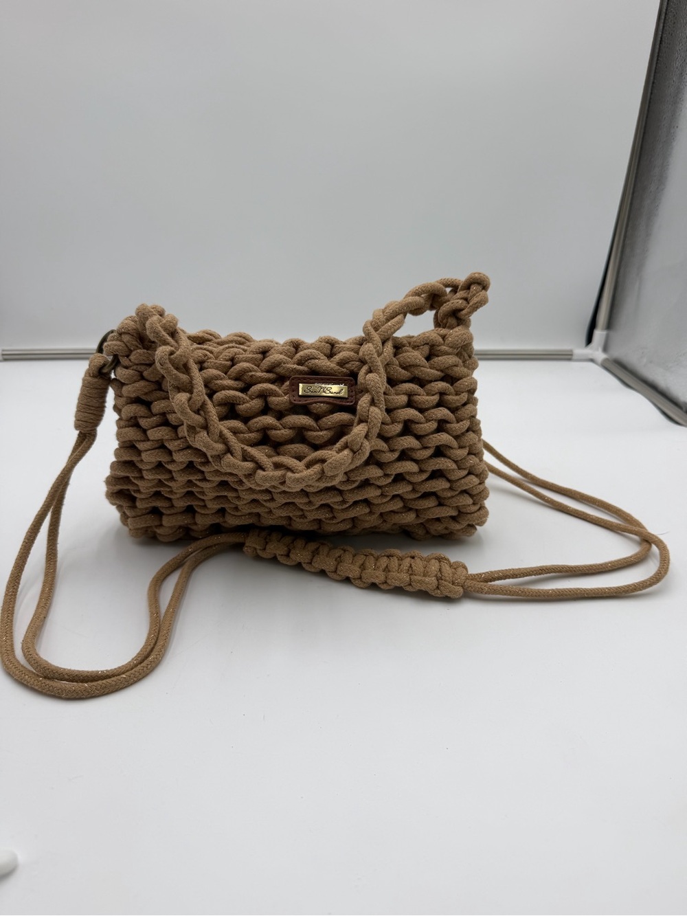 Sun N Sand Chunky Crochet Rope Shoulder Crossbody Bag Tan Boho Y2K